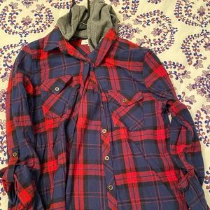 Hooded flannel top.